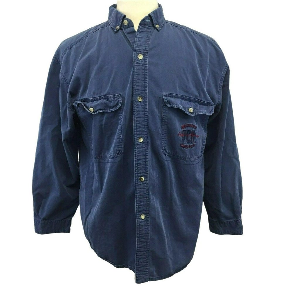 VTG PCH Mens Casual Button Shirt M Blue Denim Jean Pocket Embroidered Logo